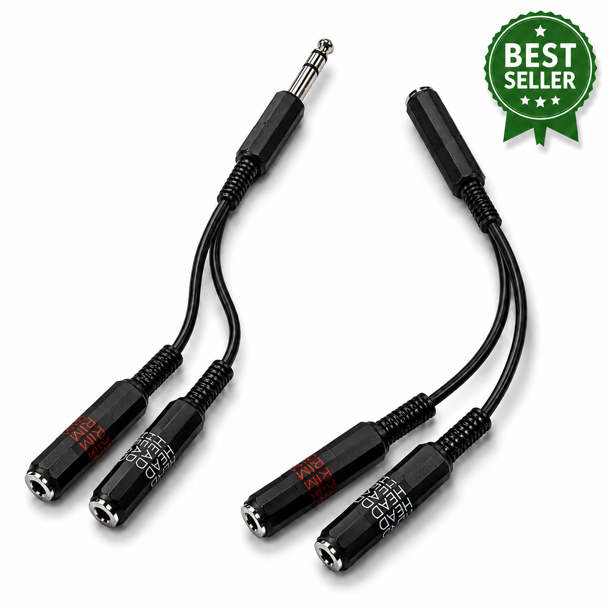 A pair of black audio splitters with 1/4-inch jack connectors and three output jacks each, shown on a white background with a green 'Best Seller' badge in the top right corner.