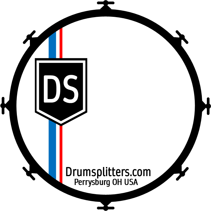 Drumsplitter sticker featuring a matte finish, 3" diameter, with logo and website details for drumming enthusiasts.